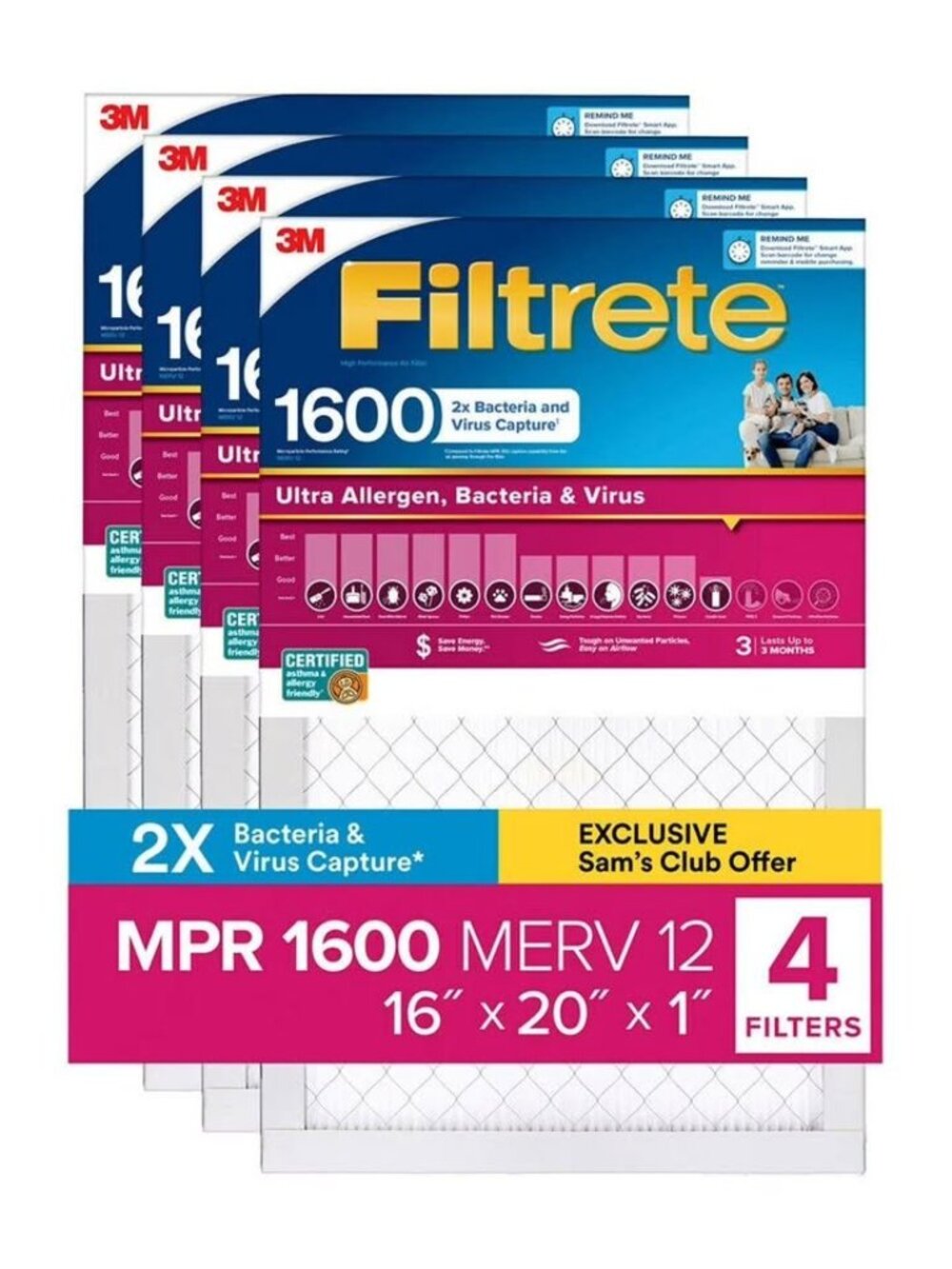 3M Filtrete 1600 Allergen Bacteria and Virus (4 pack) 16 x 20 x 1